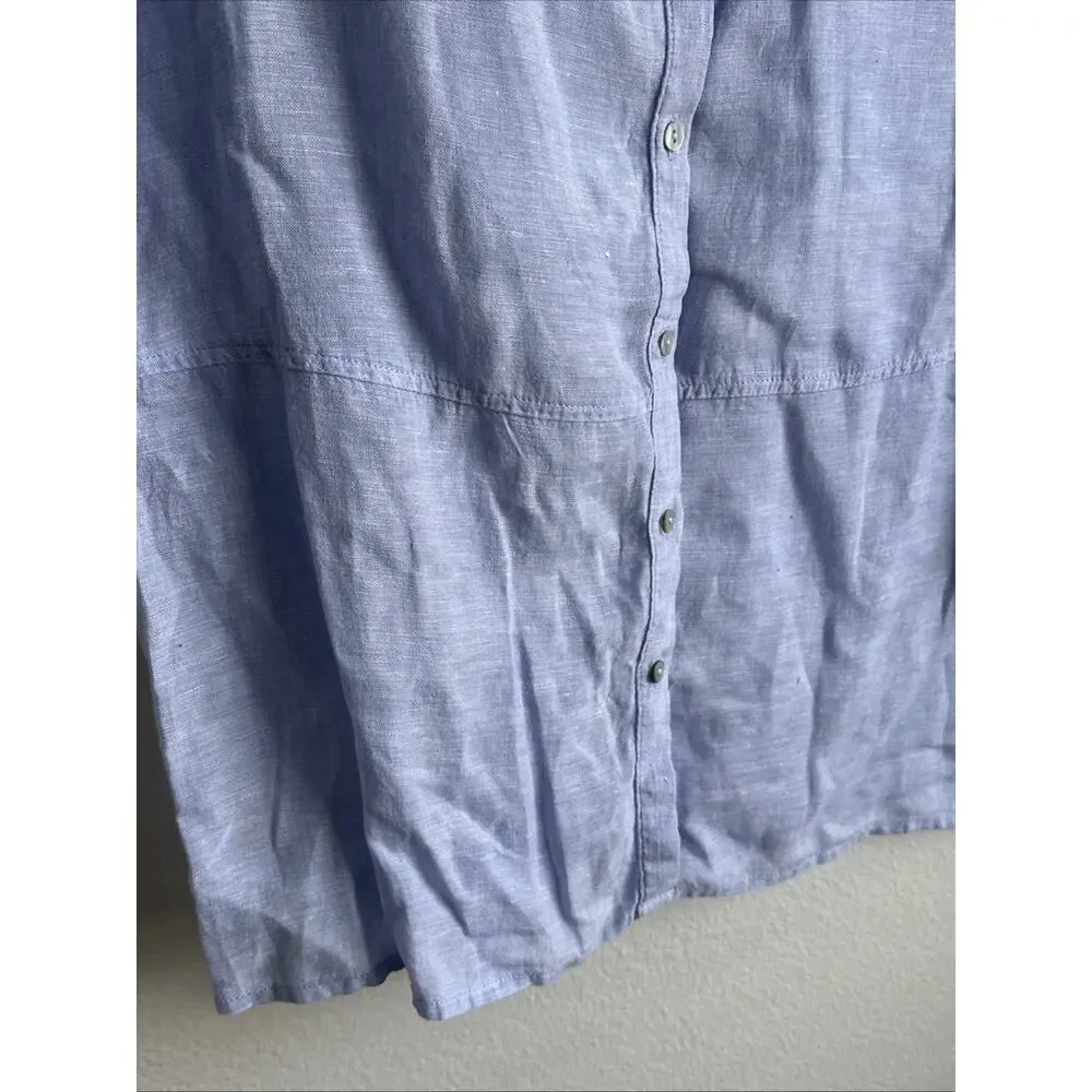 Tahari 100% Linen Tunic Women’s Sm Blue Chambray Roll-Tab Sleeve Button Up Top - Picture 4 of 7